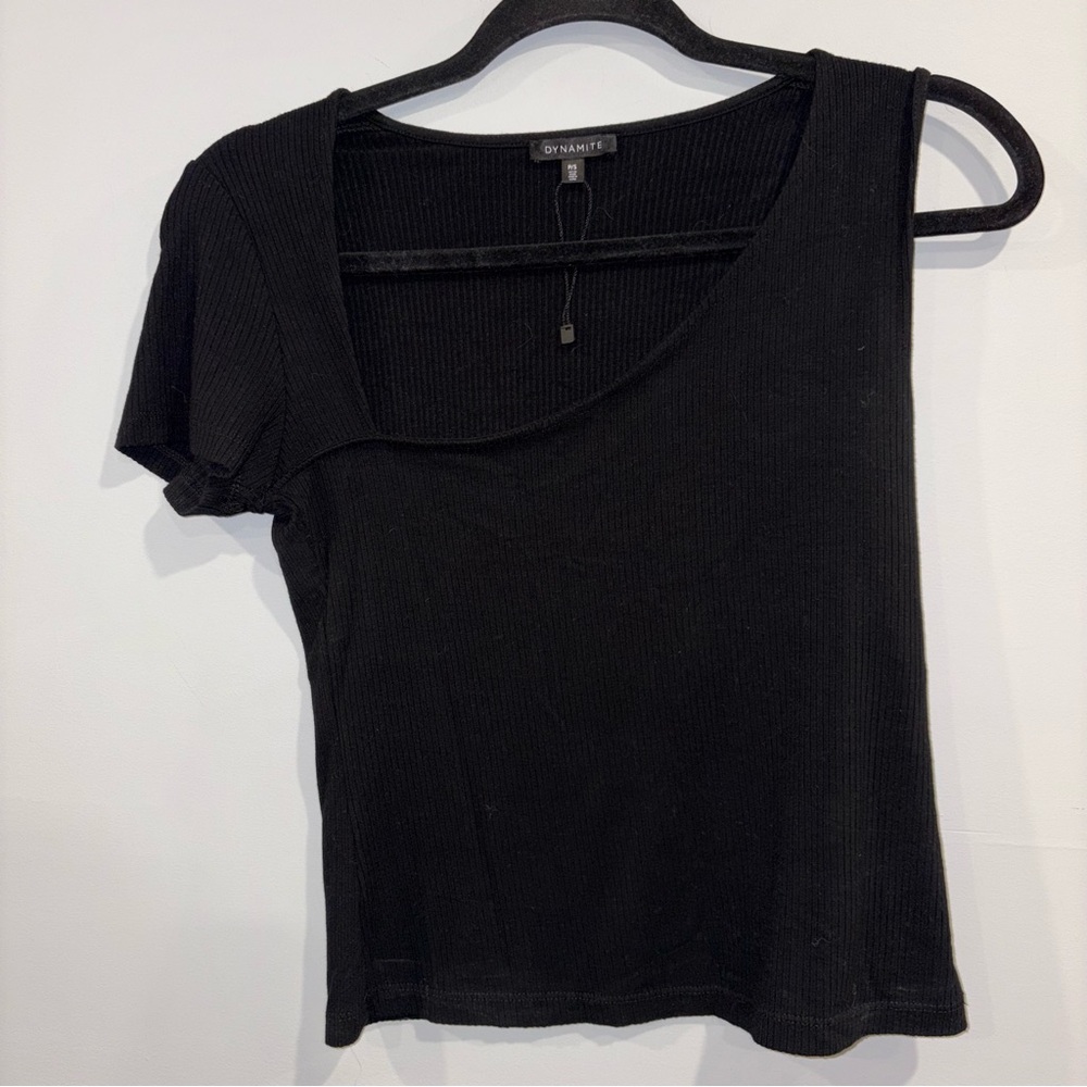 Dynamite Black Ribbed asymmetrical Short Sleeve Top
